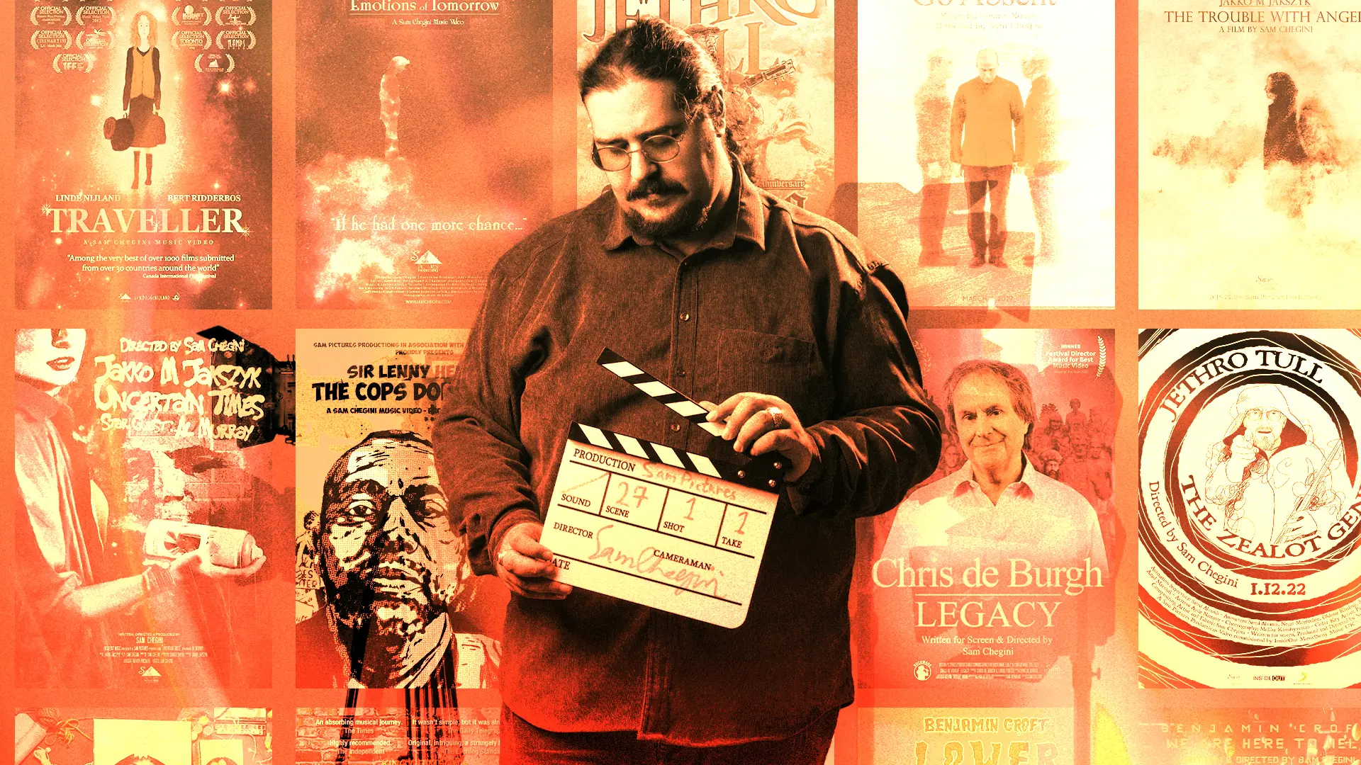 Sam Chegini on set with a film clapperboard